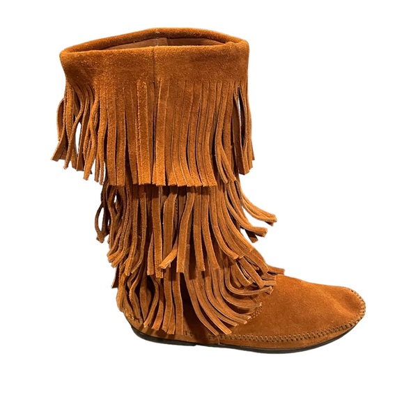 Minnetonka 3 Layer Fringe Boot Boho Moccasin in Brown Women’s size 9 - Picture 5 of 12